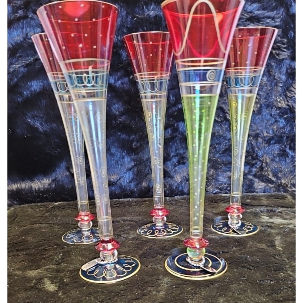 Vintage Pier 1 5-Glass Champagne Flutes Hand Painted & Blown 3-rings 8Pc. 11.5"T